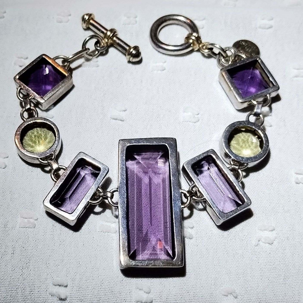 Vintage Escorcia Sterling 950 Mexico Amethyst and Tourmaline Link Bracelet